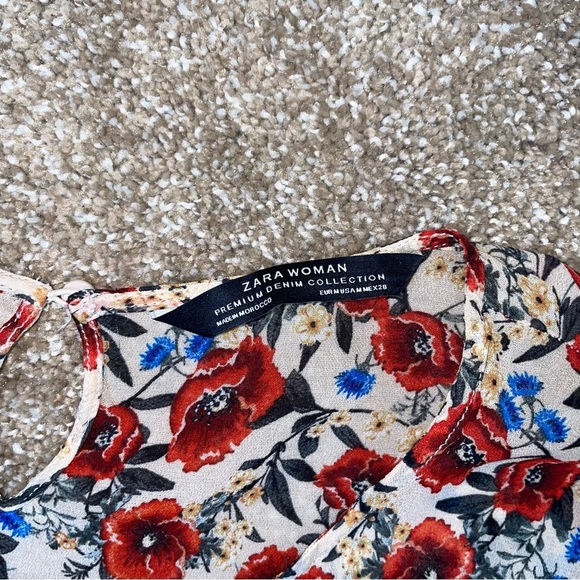 Zara Women blouse top floral print white red Premium Denim Collection Flowy SZ M - Picture 6 of 8